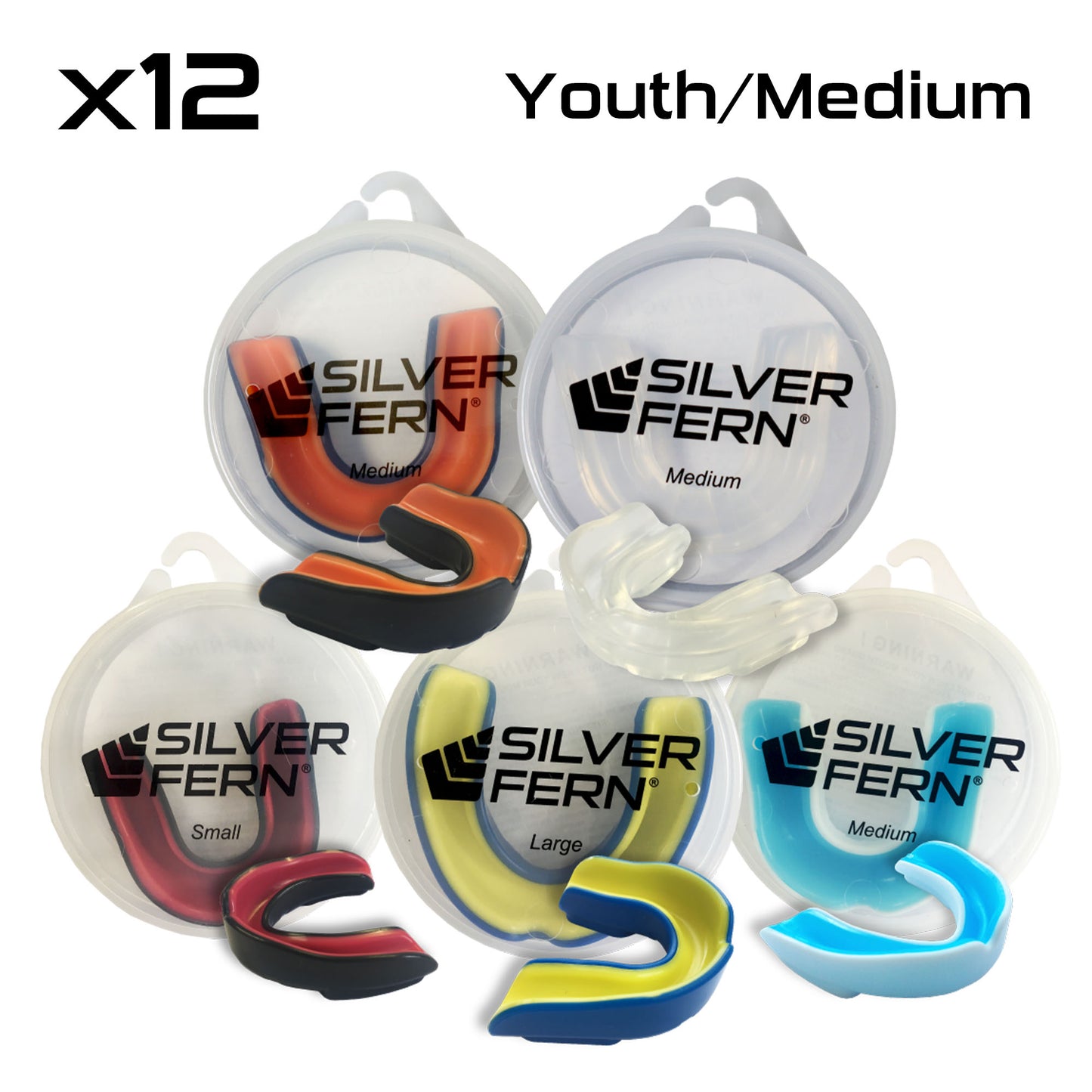 12 Pack of mouth guards, size medium. Range of colours.