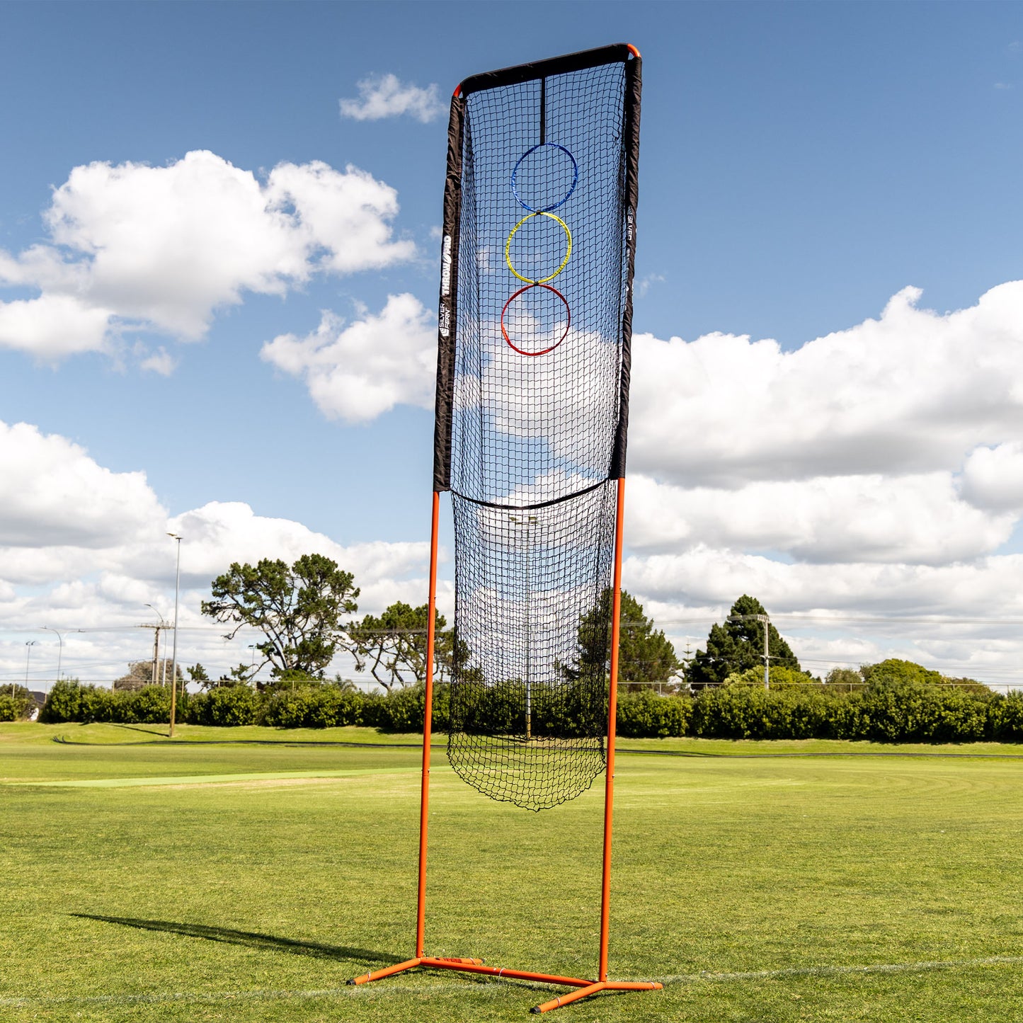 ThrowPro Lineout Throwing Net, lifestyle shot, free-standing lineout target on its own on a rugby field