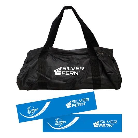 Blue Turbo Touch Dashes and Black Silver Fern Gear Bag, white background image. 