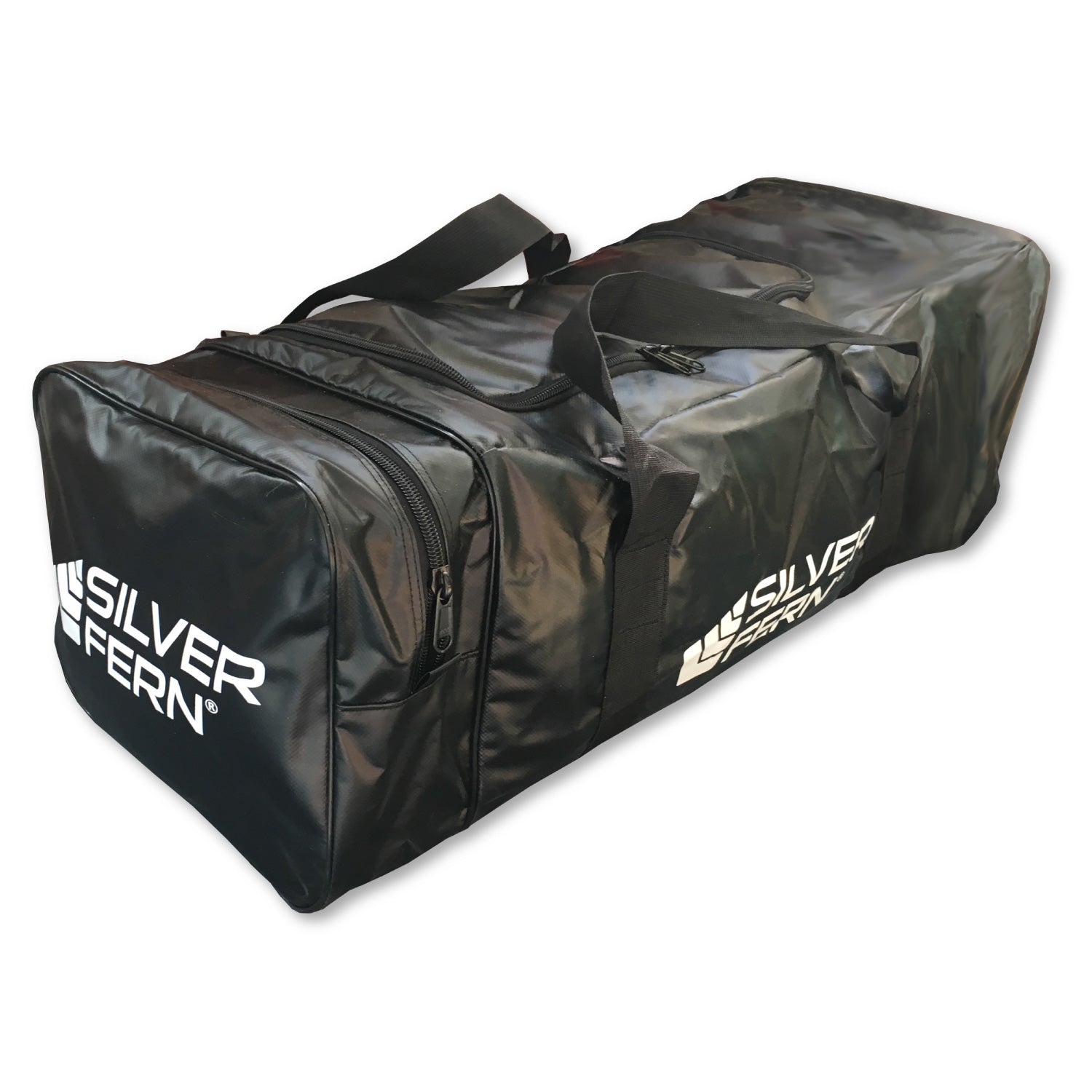 Silver Fern black PVC gear bag size large w/ end pocket, white background, product showcase