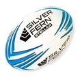 White rugby ball with blue patterns and 'Silver Fern' branding on a white background