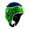 Green and blue rugby helmet with a logo on a white background