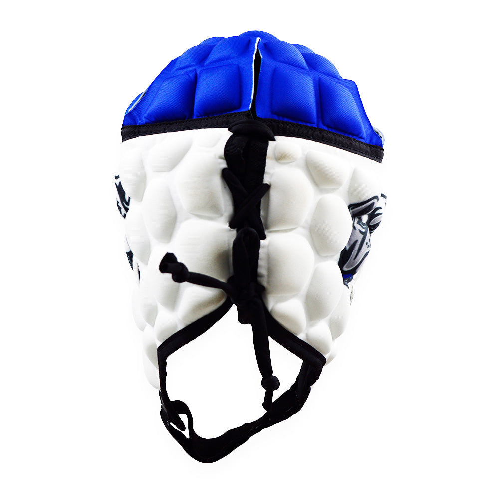White and blue protective helmet with black straps on a white background