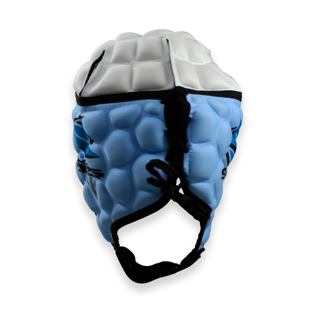 Blue and gray protective headgear on a white background