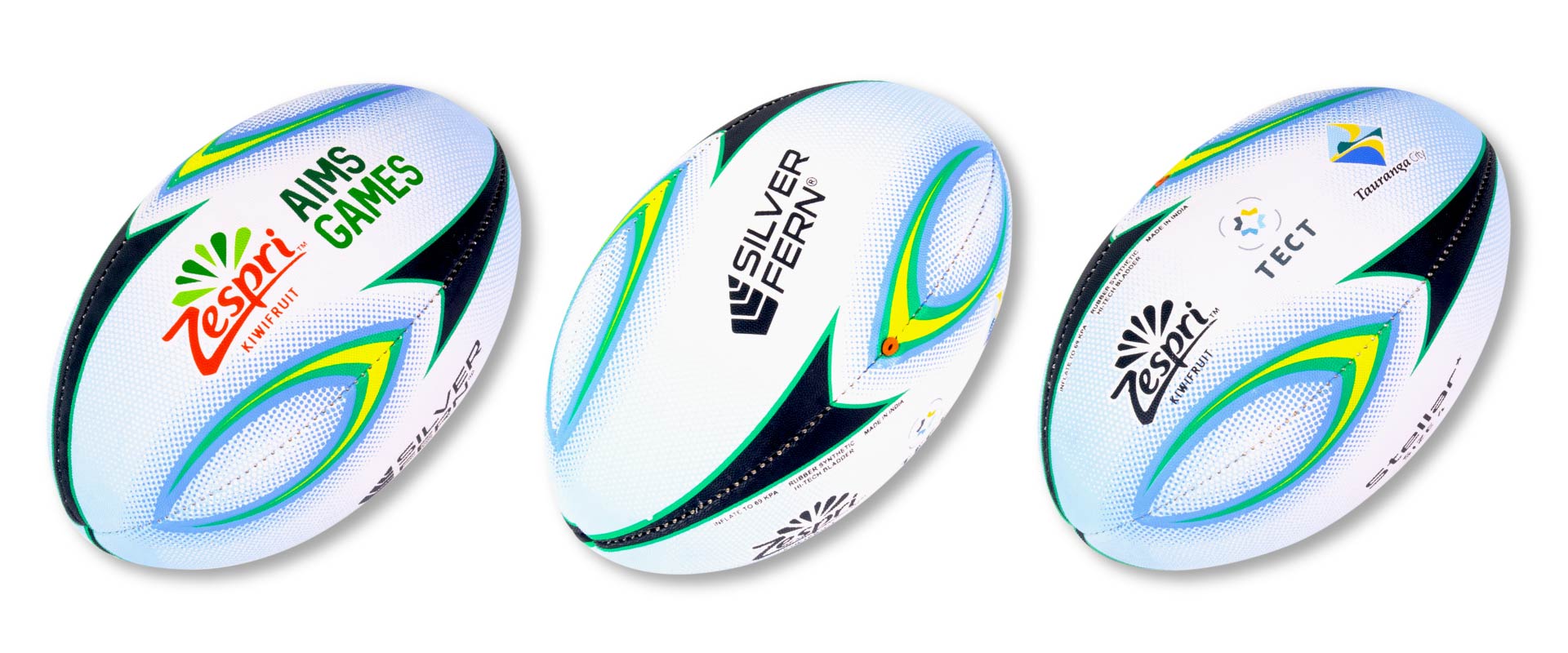 Silver Fern custom balls banner, desktop view, rugby union custom ball size 4, three sides