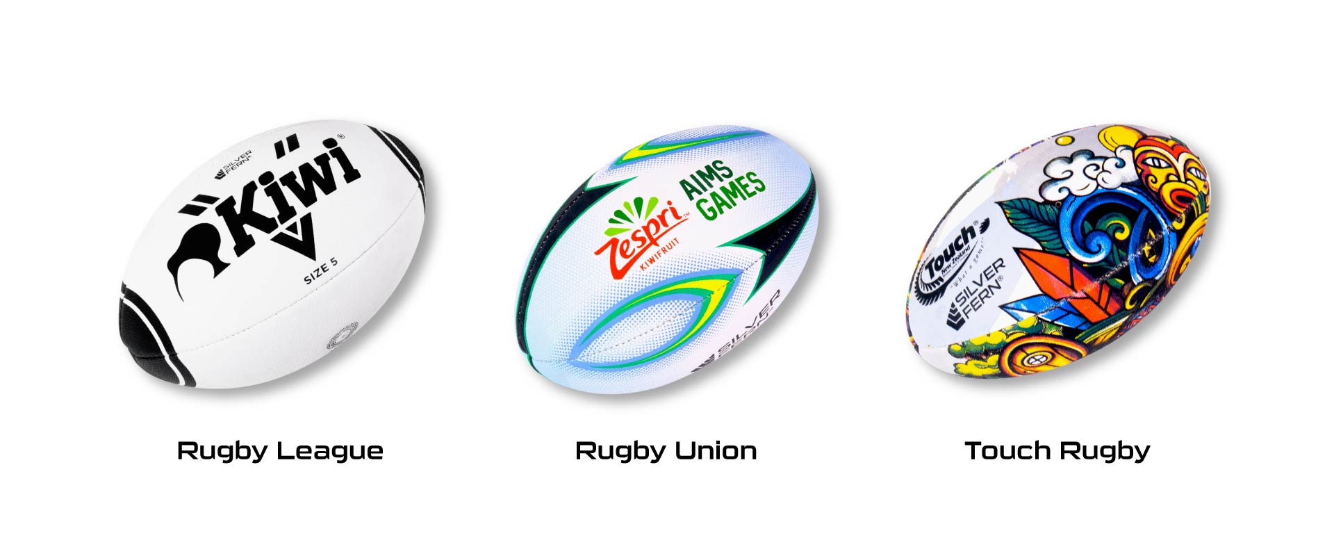 Silver Fern custom balls banner, desktop view, rugby league, rugby union, touch rugby balls