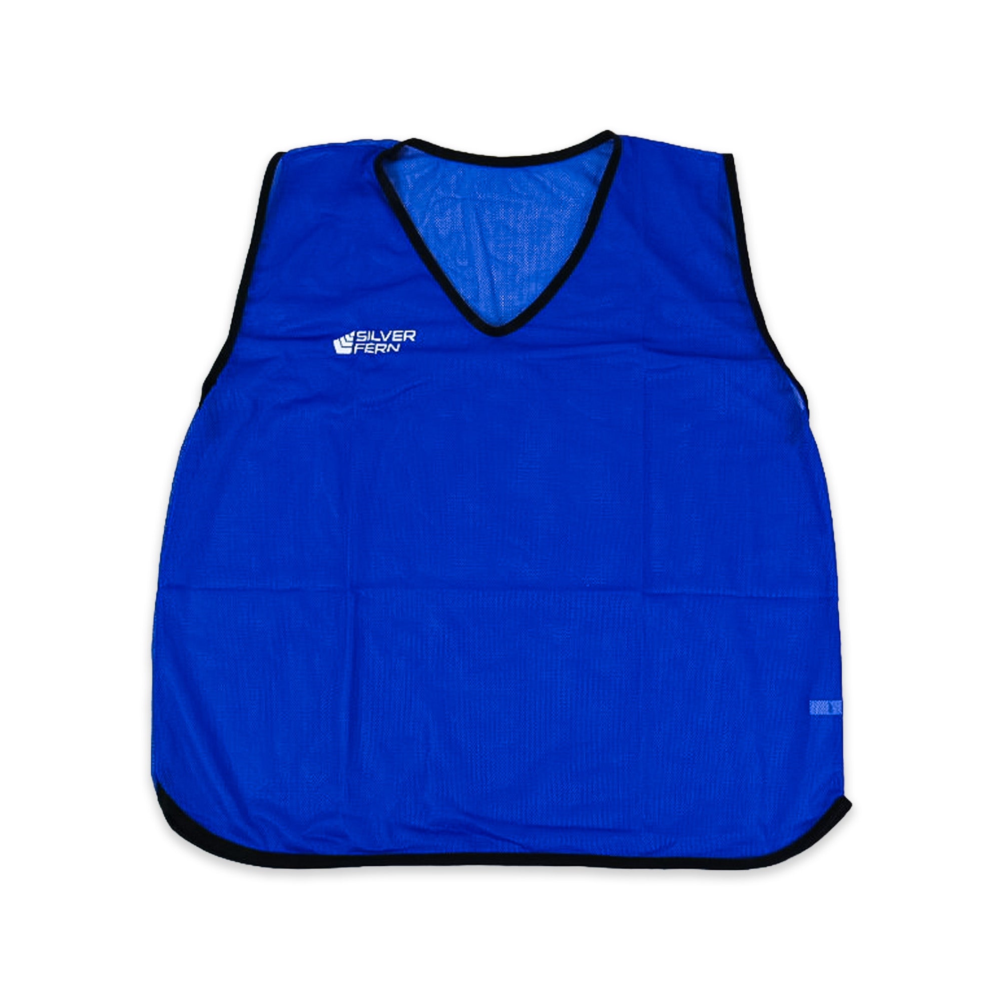 Blue sports bib with black trim on a white background