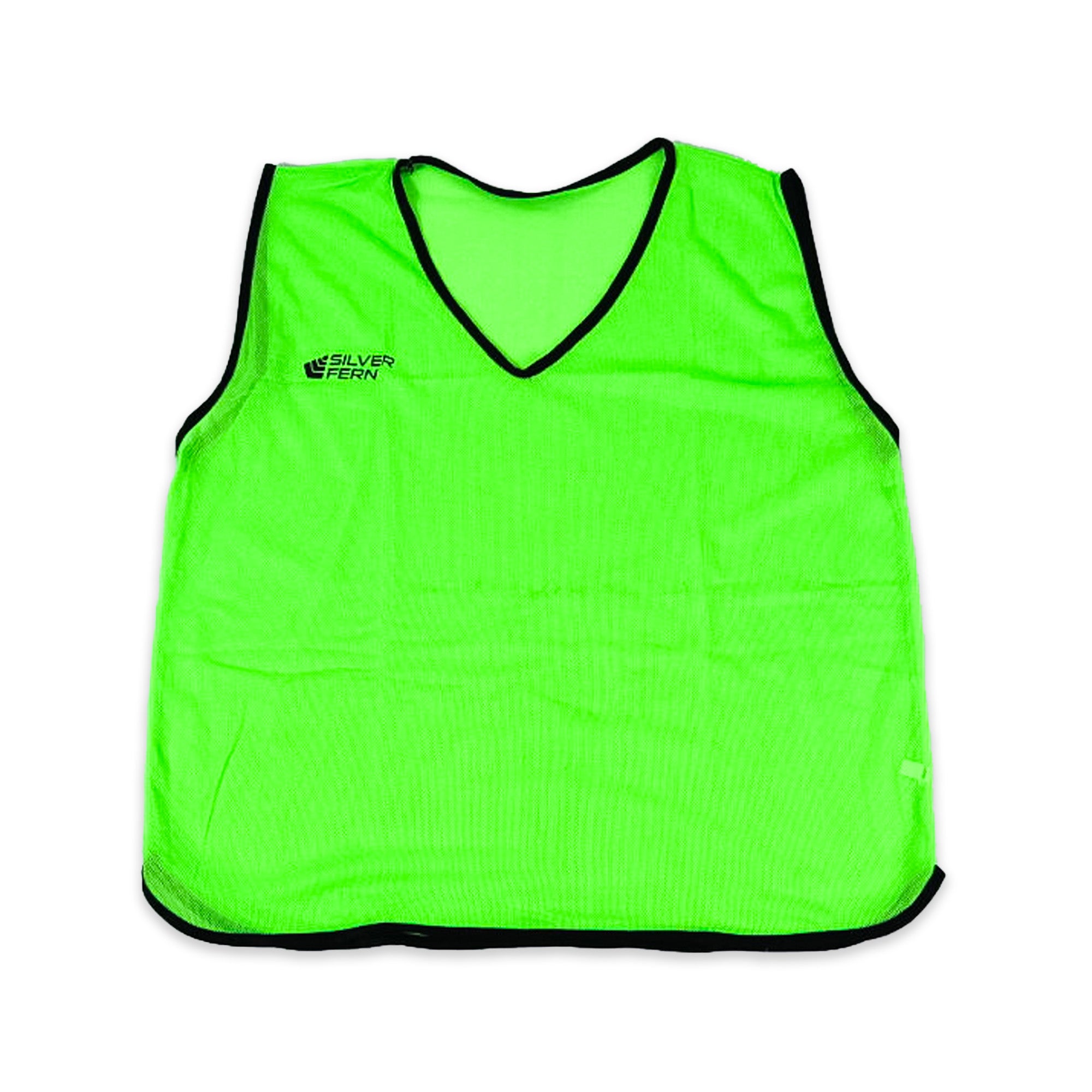Green sports bib with black trim on a white background