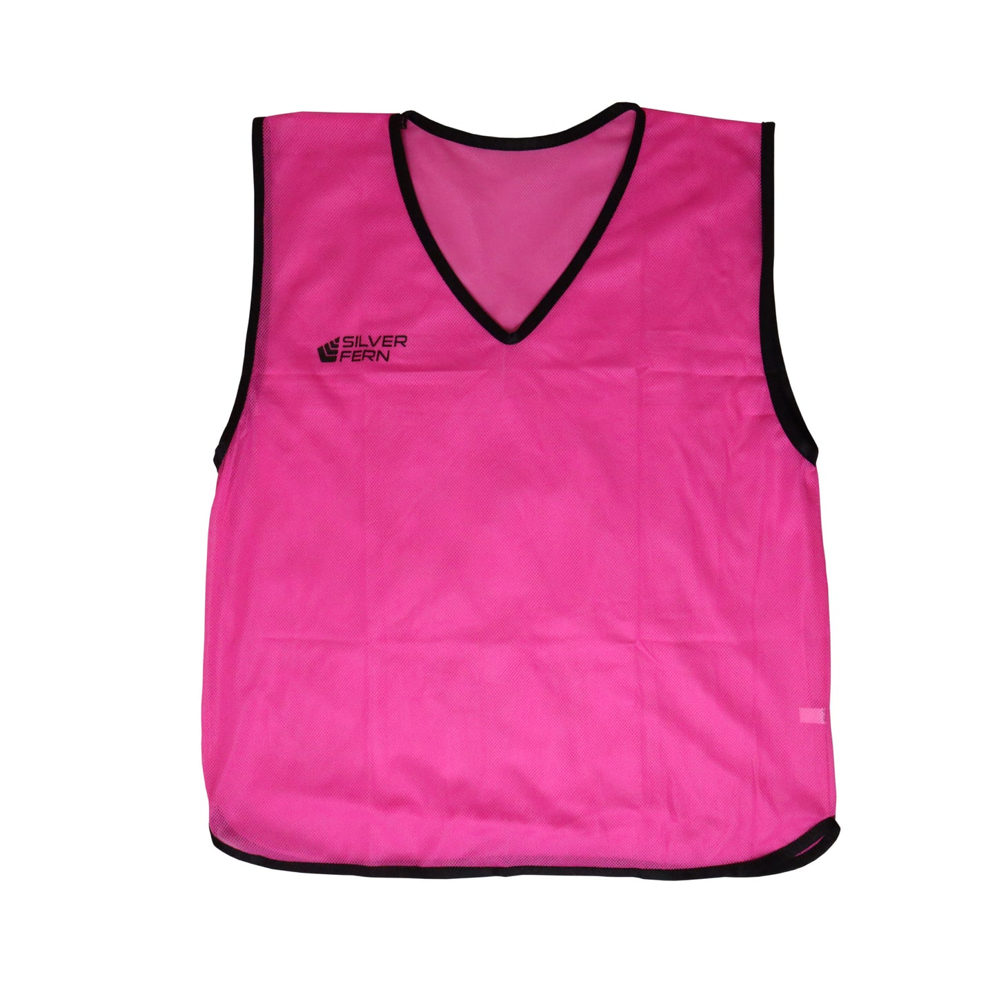 Pink sports bib with black trim on a white background