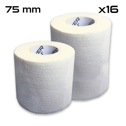 Two rolls of 75 mm white self-adhesive bandage tape, side by side, with a label indicating a quantity of 16 rolls.