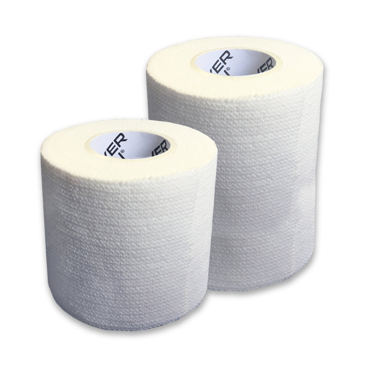 Two rolls of white self-adhesive bandage tape, standing side by side, with one roll slightly taller than the other. EAB Tape.