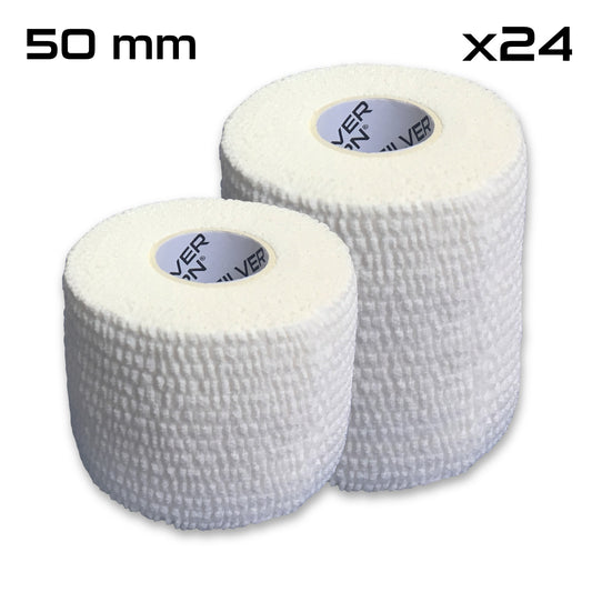 Two rolls of 50 mm white self-adhesive bandage tape, side by side, with a label indicating a quantity of 24 rolls.