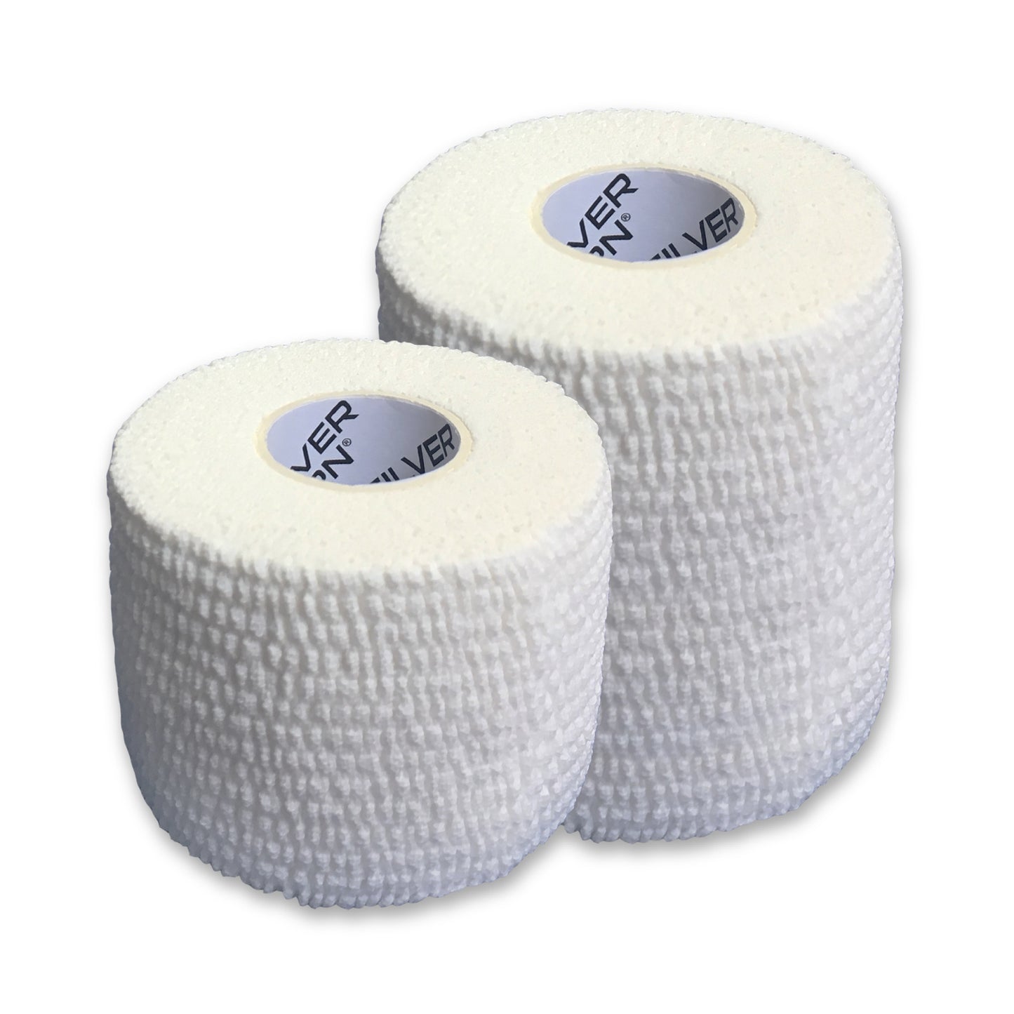 Two rolls of white self-adhesive bandage tape, standing side by side, with one roll slightly taller than the other. First Aid EAB Light