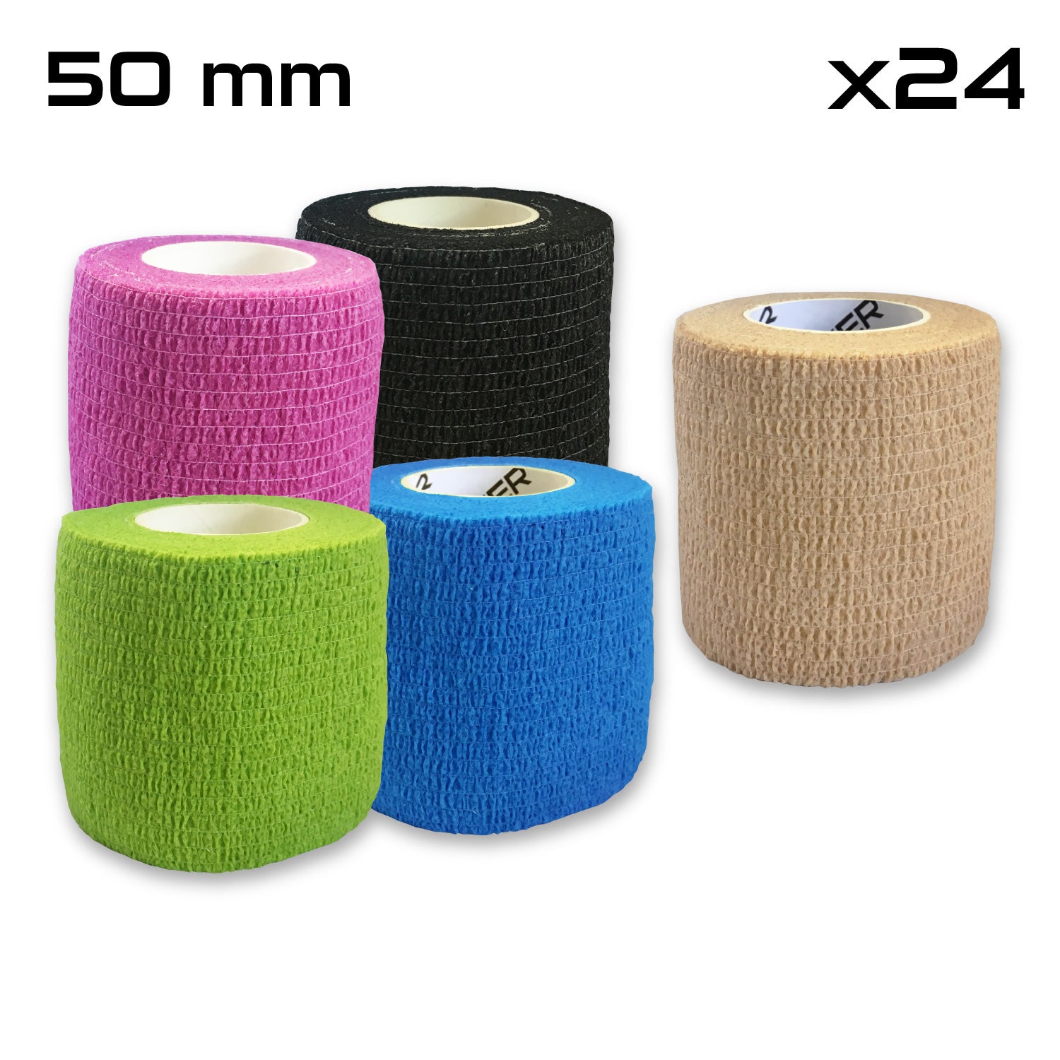 Five rolls of 50 mm self-adhesive bandage tape in assorted colors (pink, black, beige, green, and blue), arranged in a pyramid shape, with a label indicating a quantity of 24 rolls.