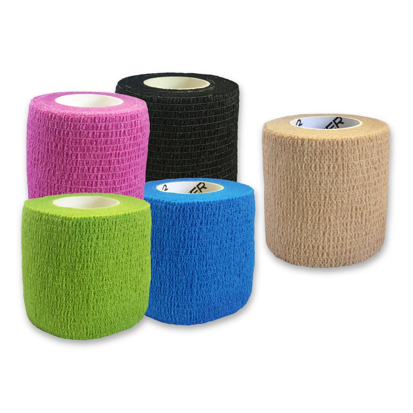 Five rolls of self-adhesive bandage tape in assorted colors (pink, black, beige, green, and blue), arranged in a group with different heights.