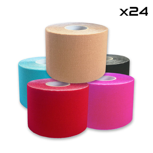 Five rolls of k-tape in assorted colors (beige, black, pink, red, and turquoise), arranged in a pyramid shape, with a label indicating a quantity of 24 rolls.