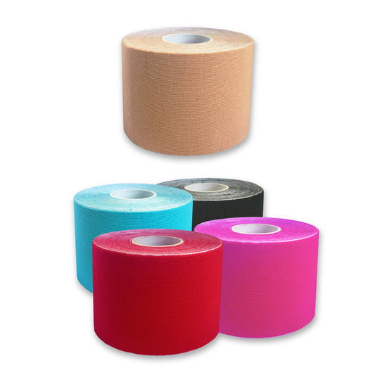 Five rolls of self-adhesive bandage tape in assorted colors (beige, black, pink, red, and turquoise), arranged with one roll on top and the other four below it.