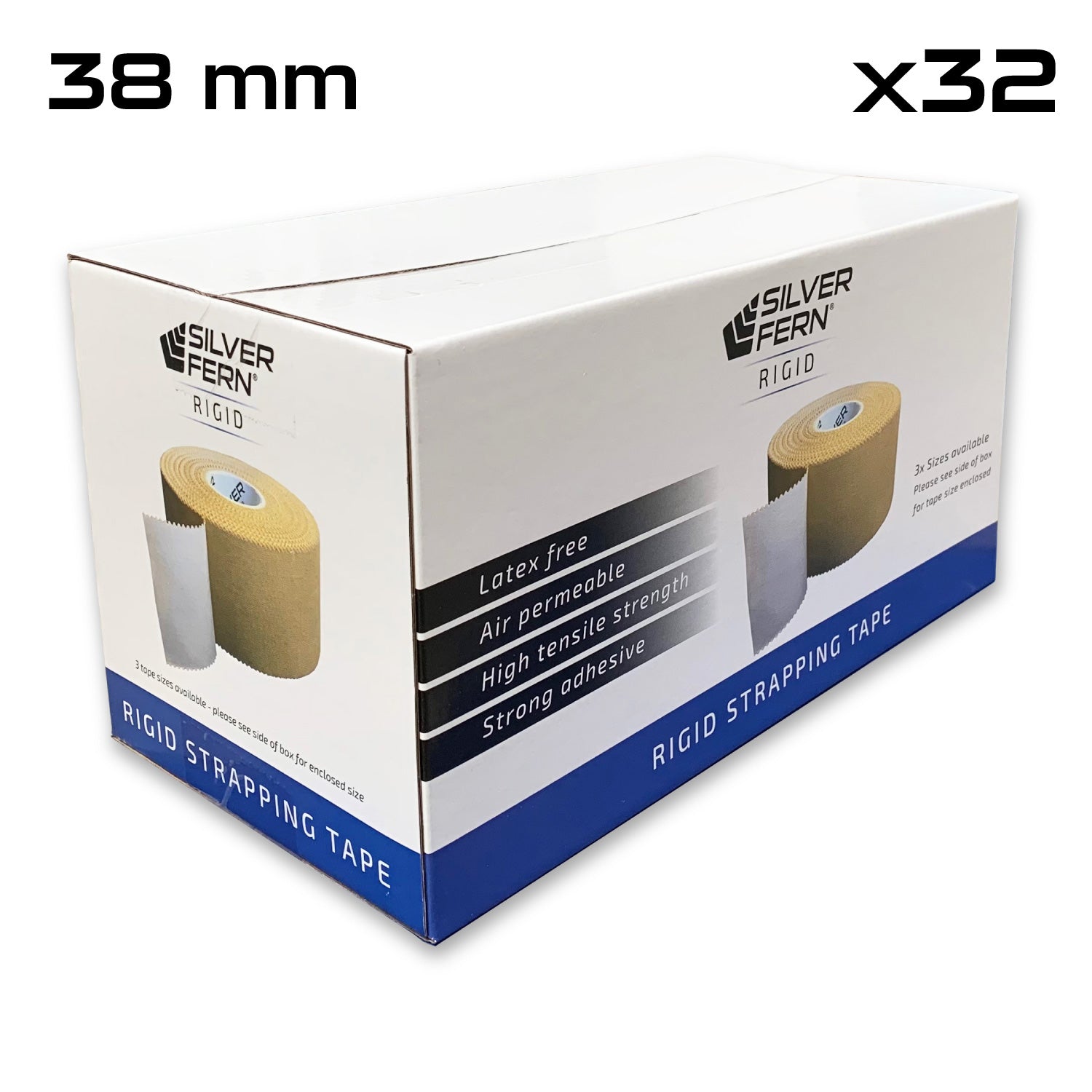 Box containing 32 rolls of 38 mm rigid strapping tape by Silver Fern, featuring product highlights such as latex-free, air permeable, high tensile strength, and strong adhesive properties.