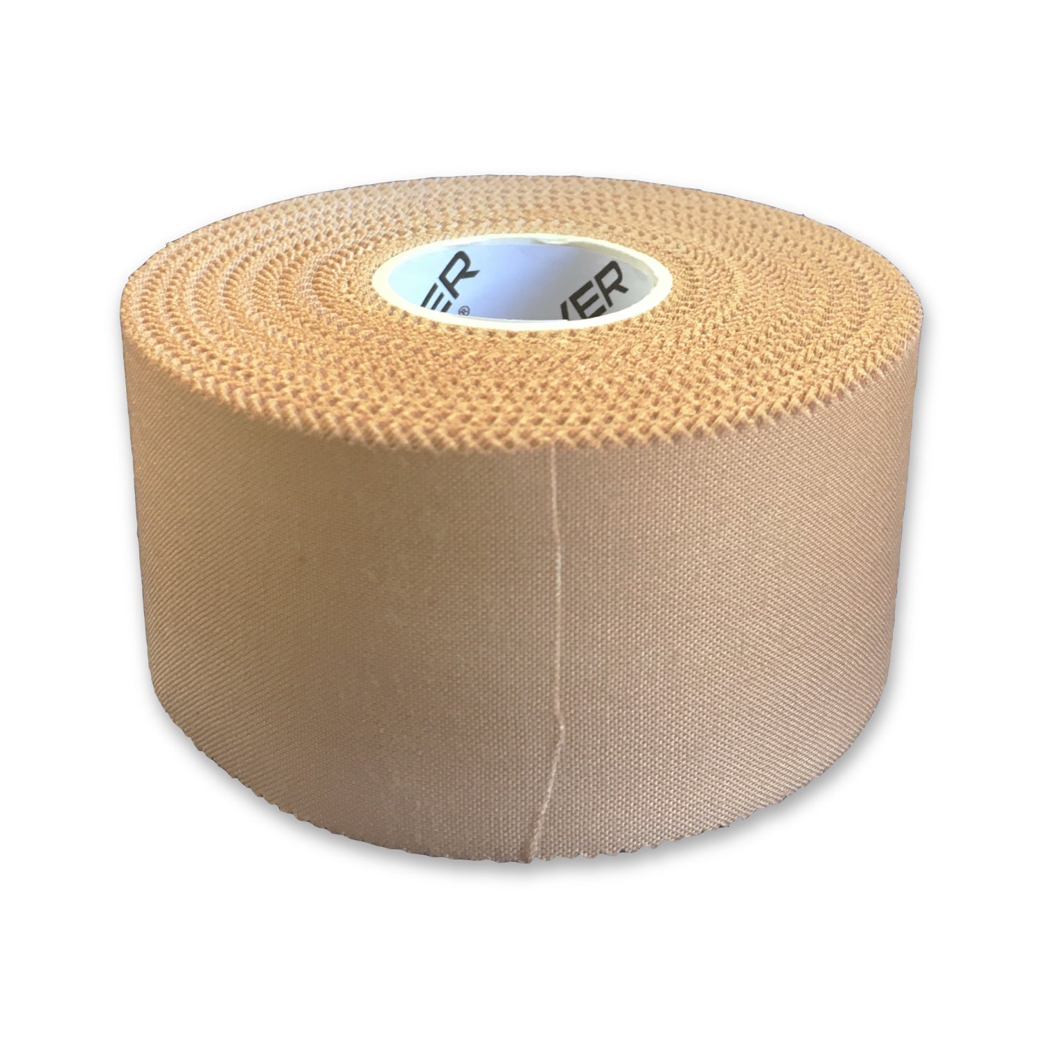 A roll of beige rigid strapping tape, showing the textured surface and inner label.