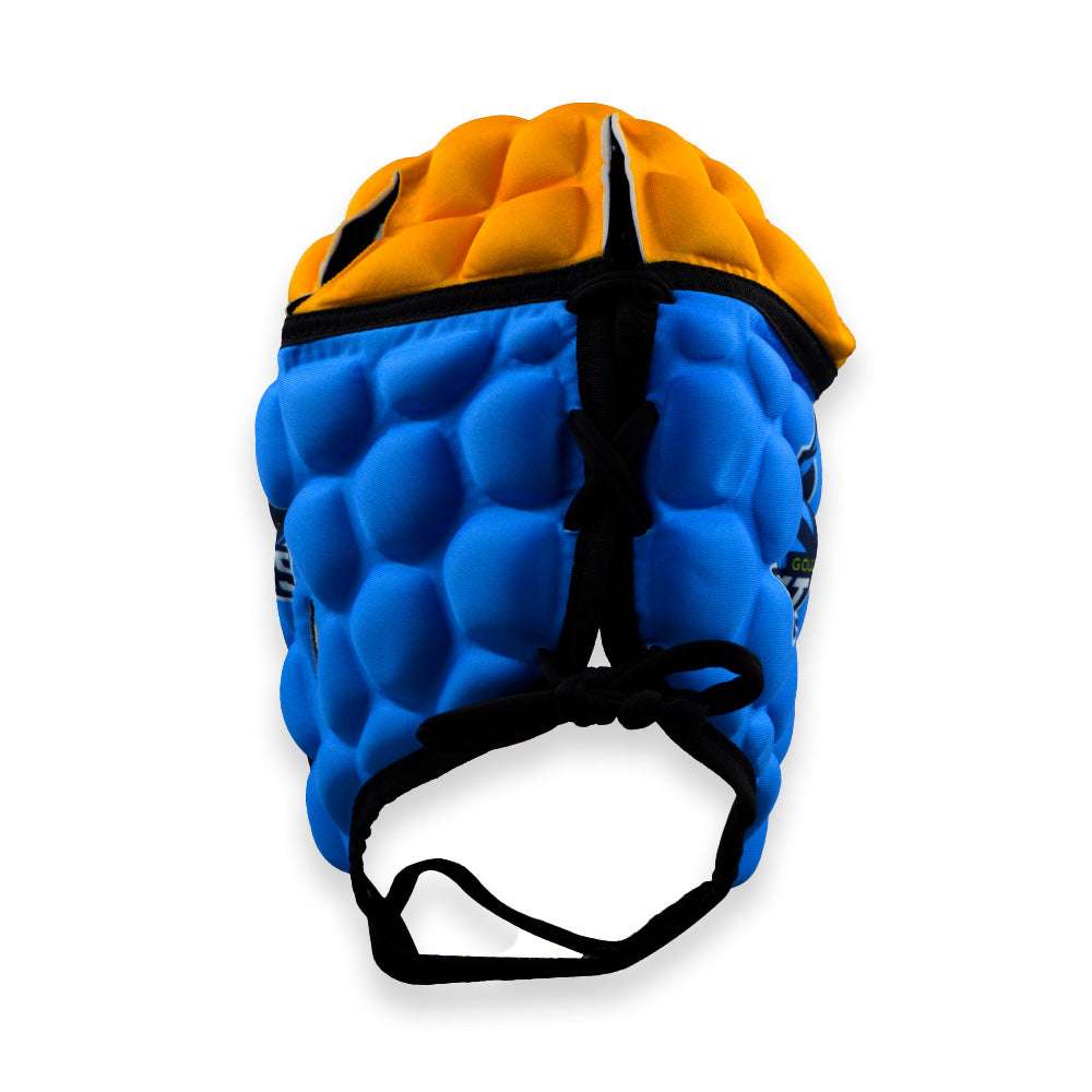 Blue and yellow helmet with a textured design on a white background