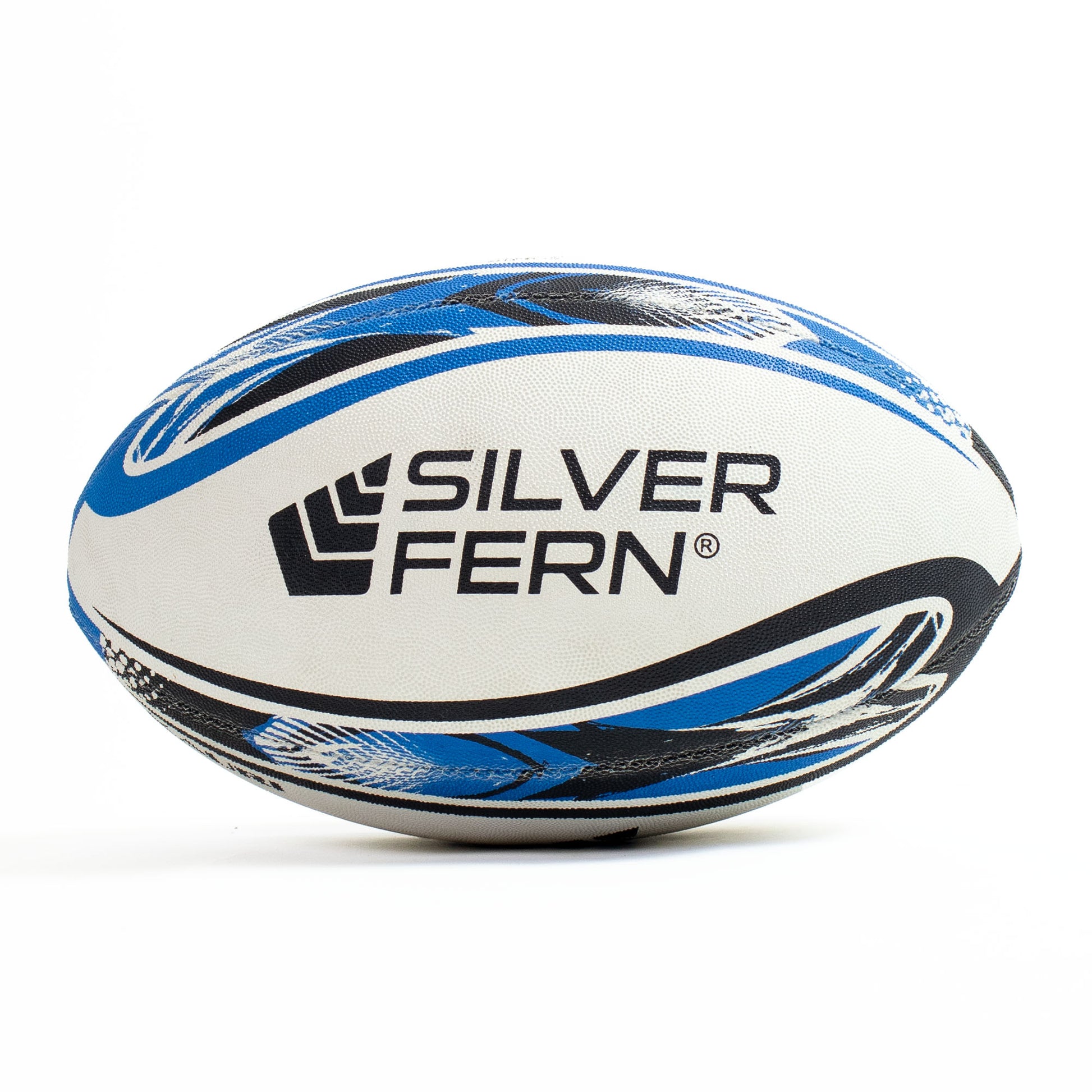 Rugby ball with Silver Fern logo on a white background