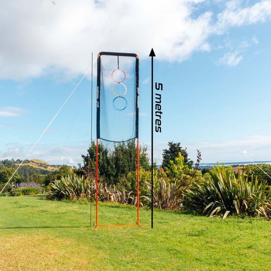 Lifestyle Image of our Lineout Thrower with Dimensions