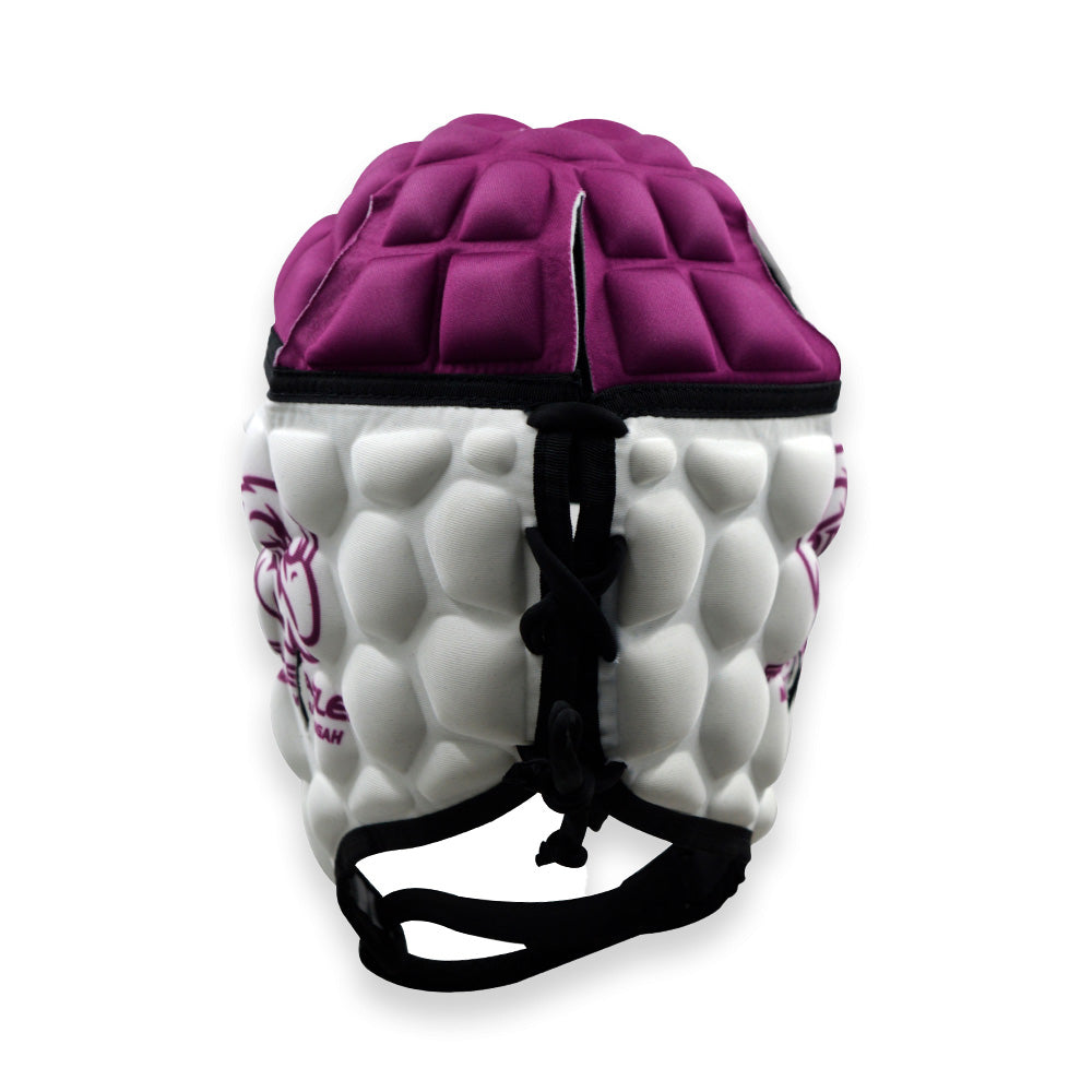 Helmet with purple top and white bottom on a white background