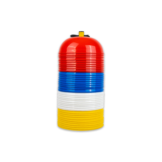 Multicolored cylindrical object with red, blue, white, and yellow segments on a white background
