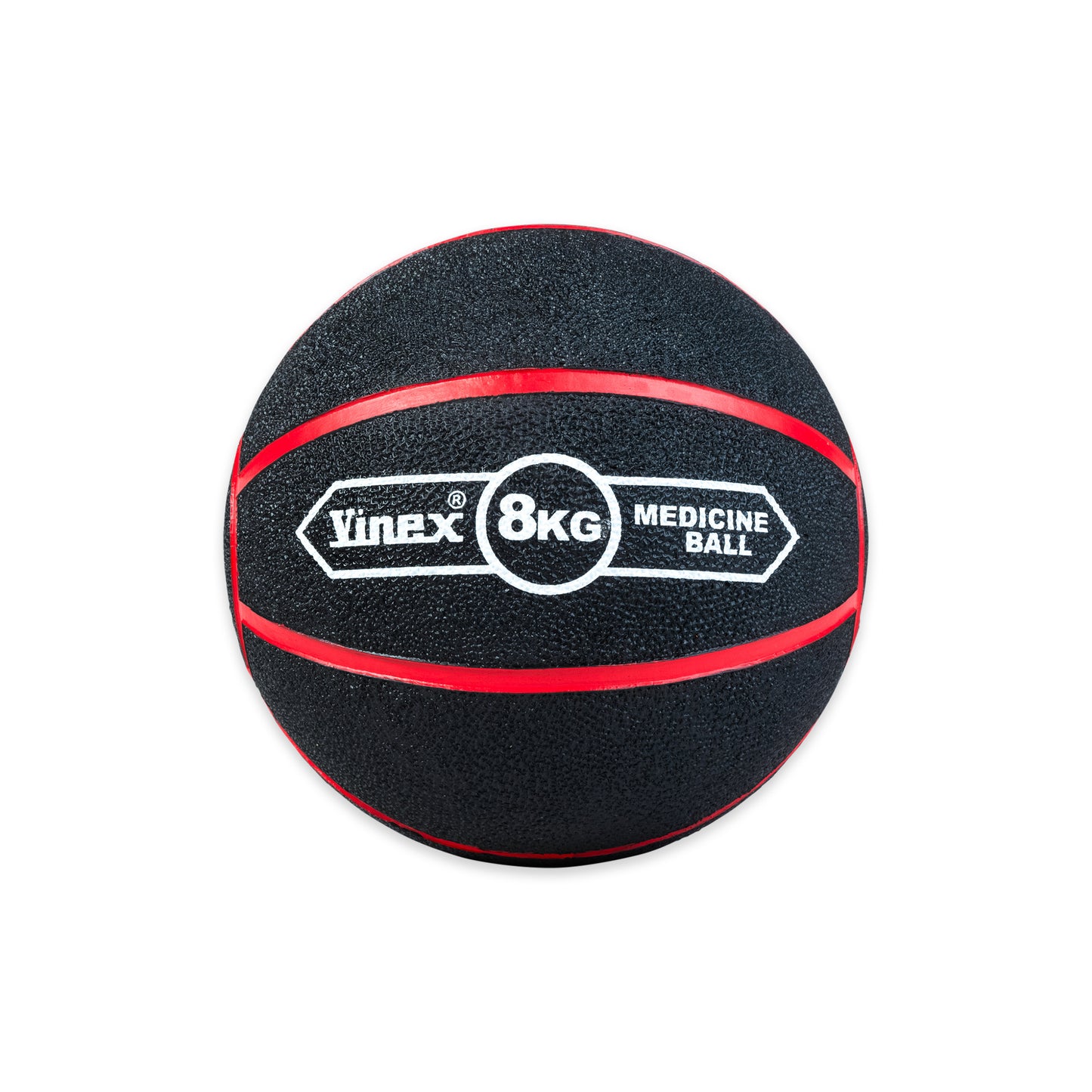 Black and red medicine ball with 'Vinex' branding on a white background