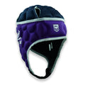 Purple rugby helmet with a visible logo on a white background