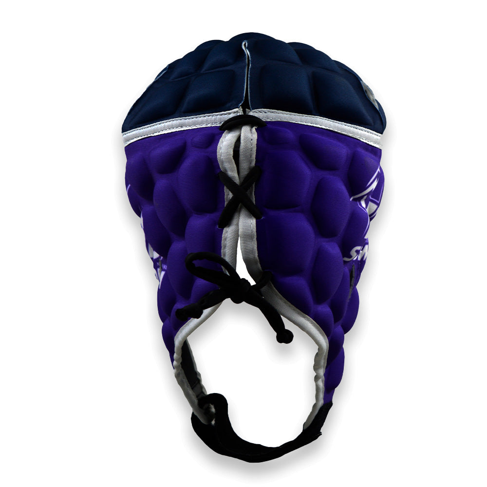 Purple protective headgear with gray accents on a white background