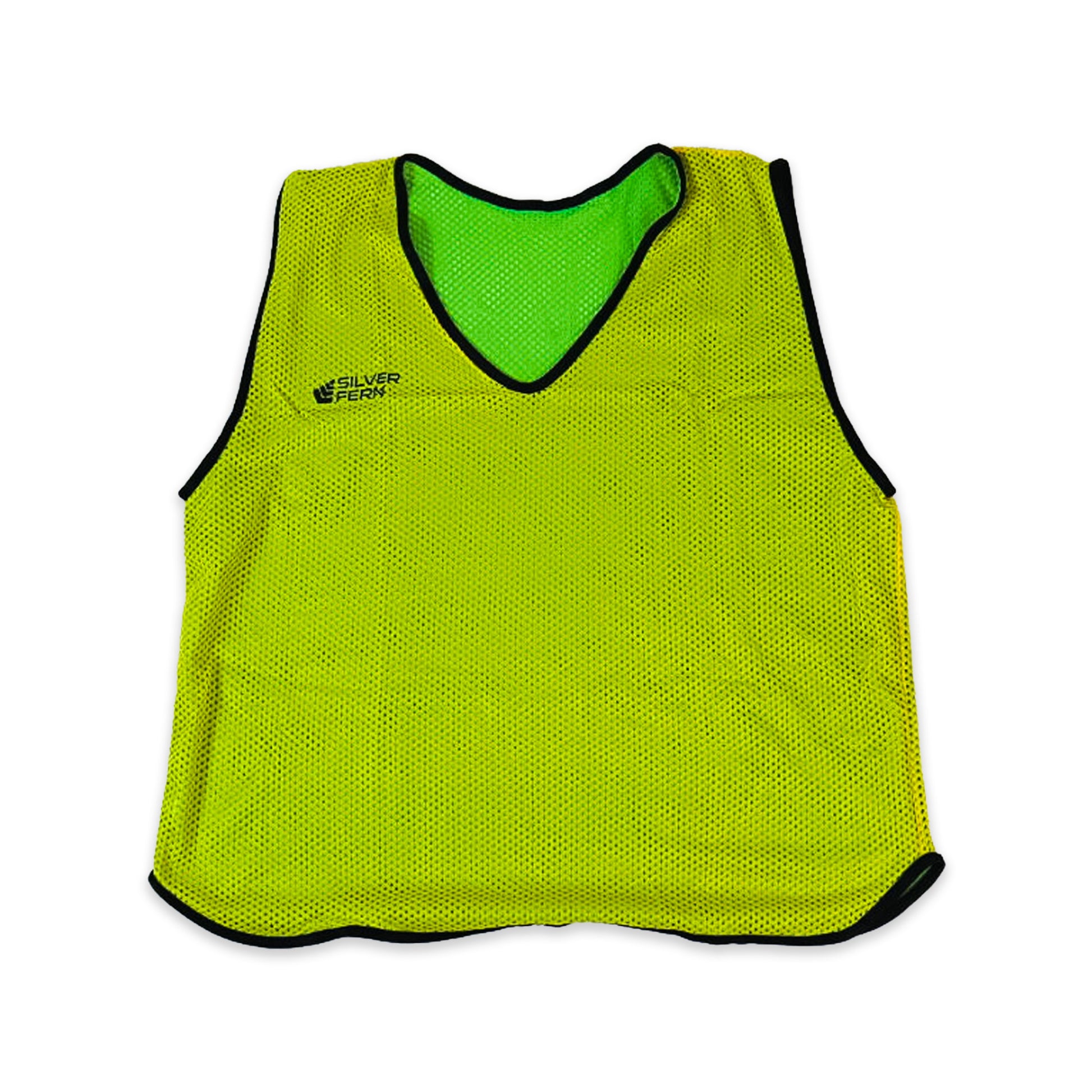 Yellow sports bib with green inner lining on a white background