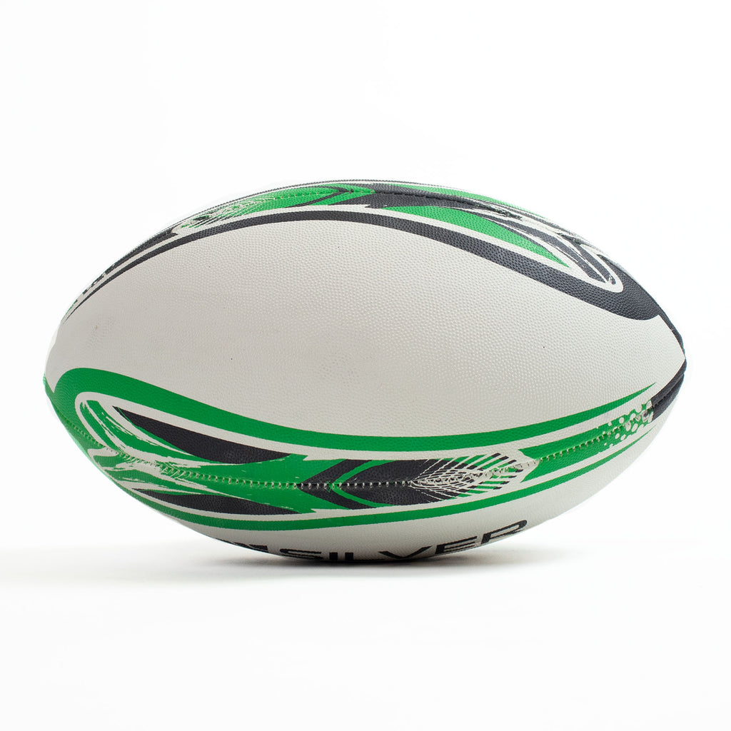 White rugby ball with green and black patterns on a white background