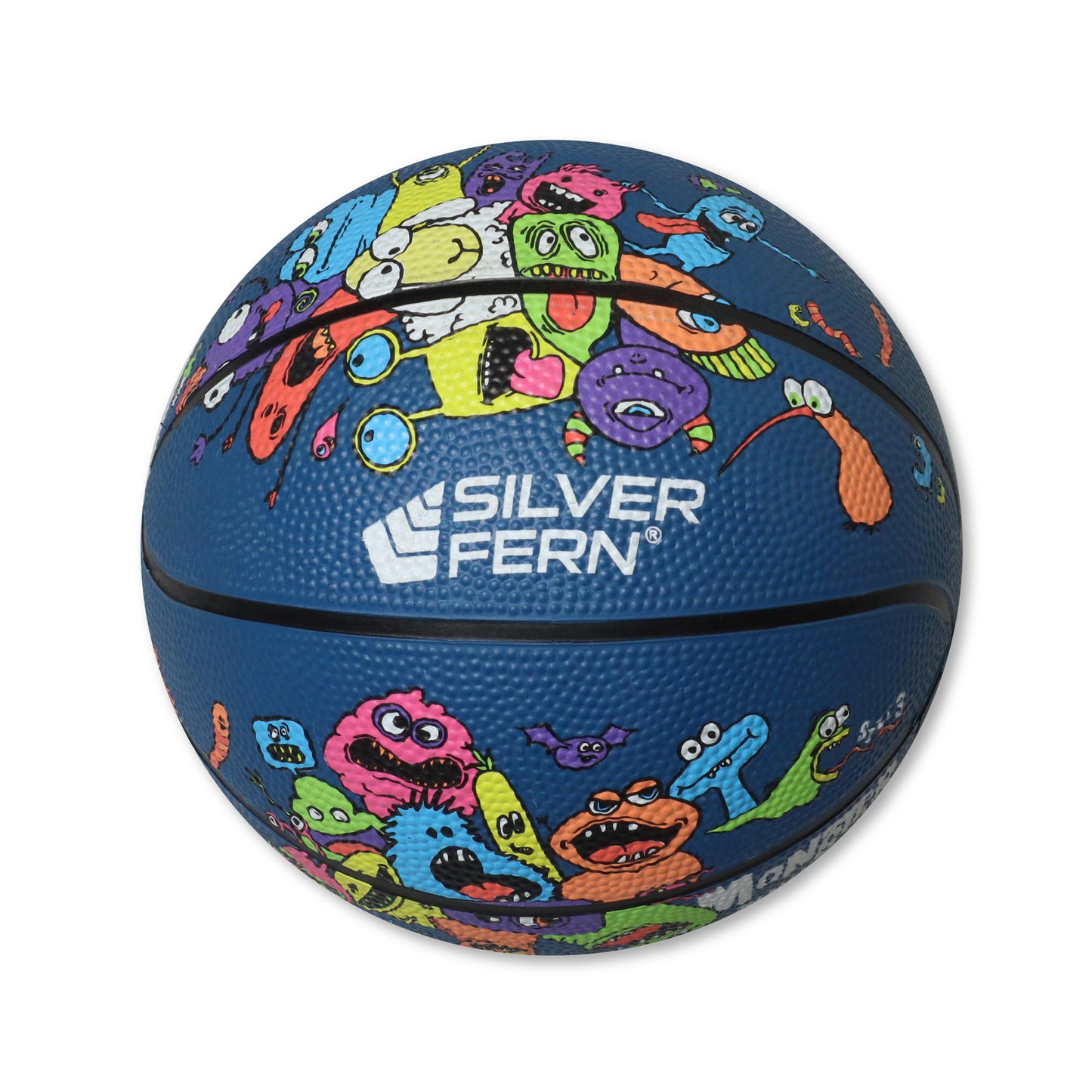 Colorful basketball with cartoon characters and 'Silver Fern' branding on a white background