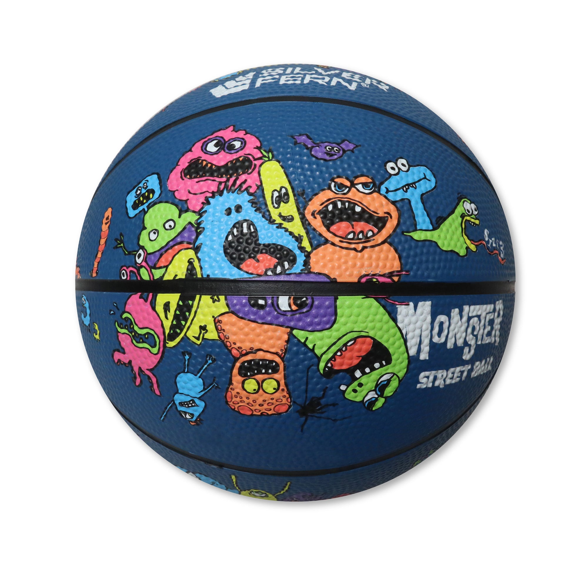 Colorful monster-themed basketball with 'Silver Fern' branding on a white background
