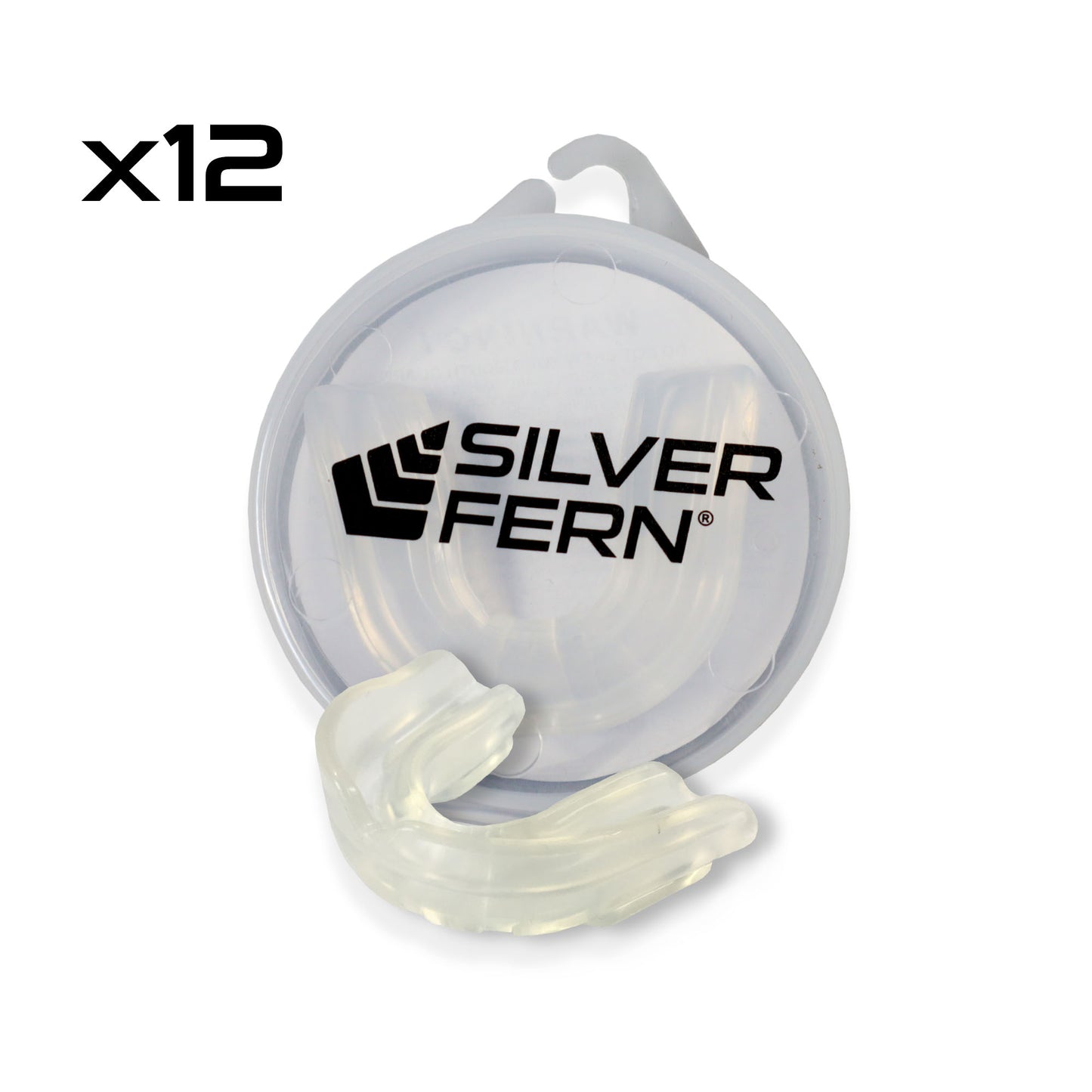 12 pack of clear mouth guards, range of sizes.