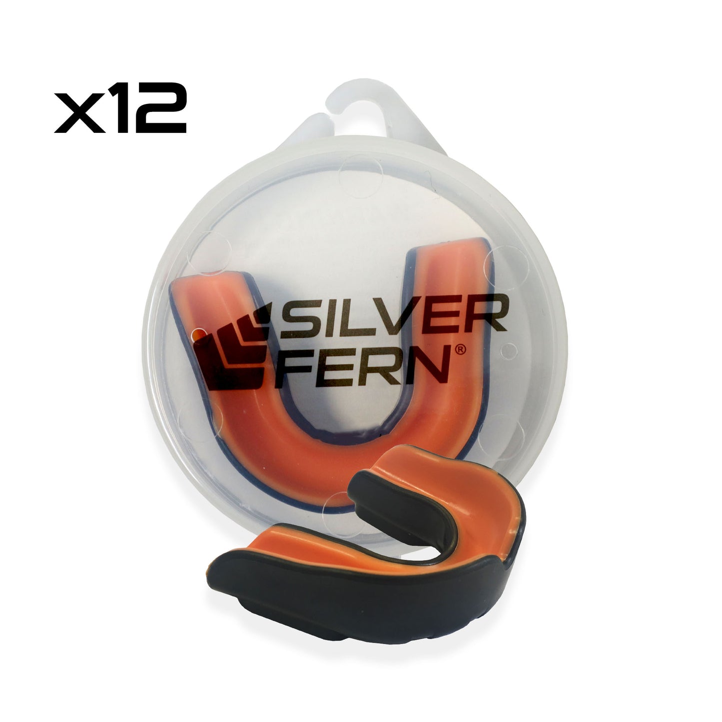 12 pack of orange and black mouth guards, range of sizes.