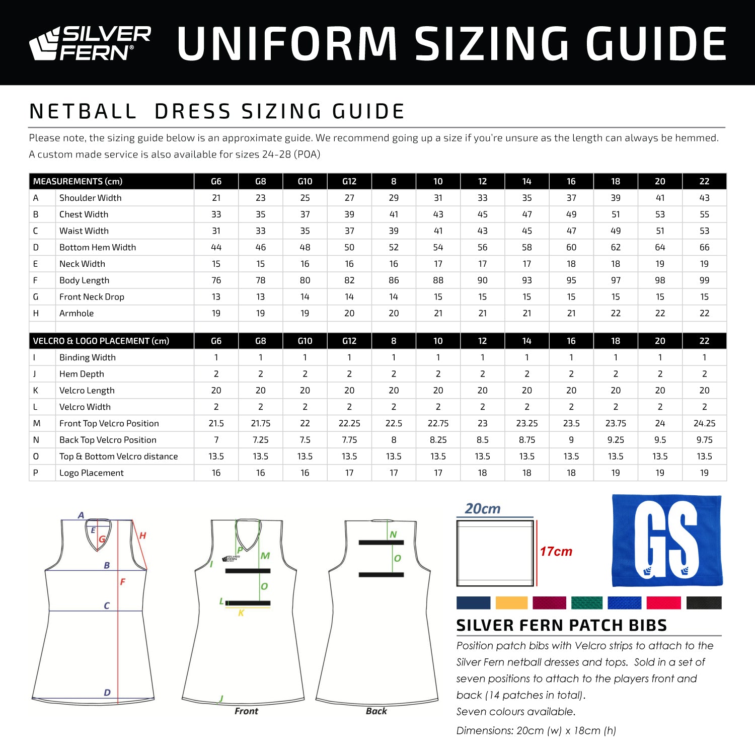 Netball Dresses Uniforms Sizing Guide