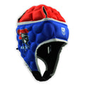 Blue and red rugby helmet with a logo on a white background