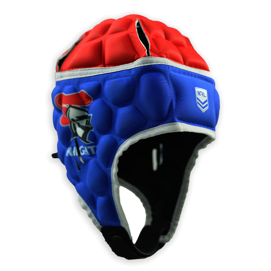 Blue and red rugby helmet with a logo on a white background