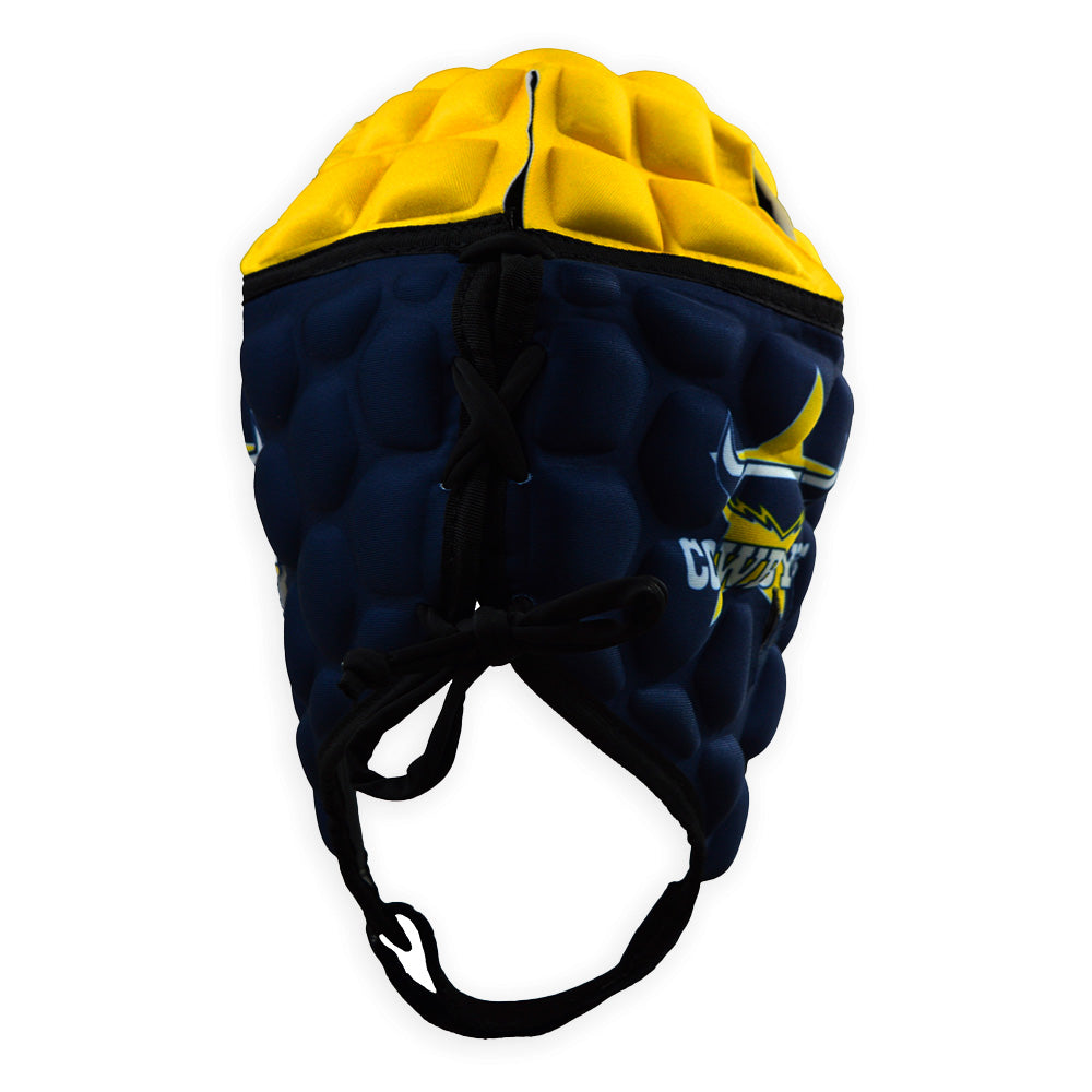 Navy and yellow protective headgear with a logo on a white background