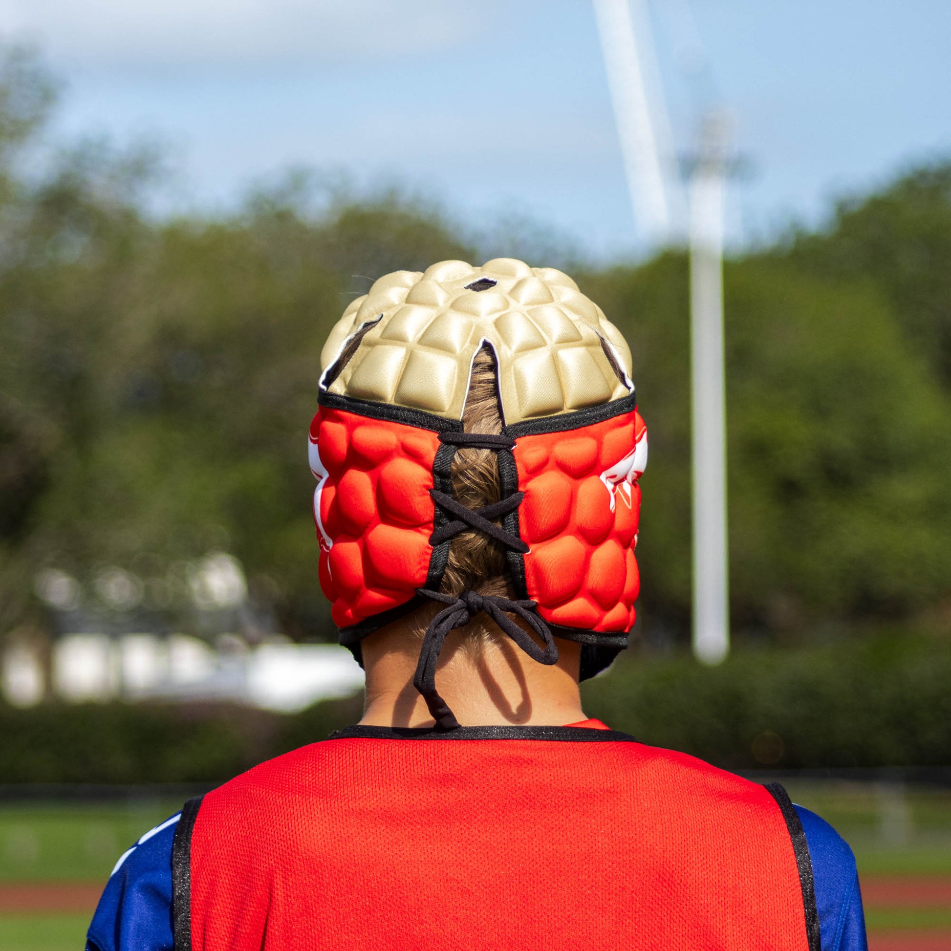 Official NRL Headgear, Dolphins, lifestyle image, back.