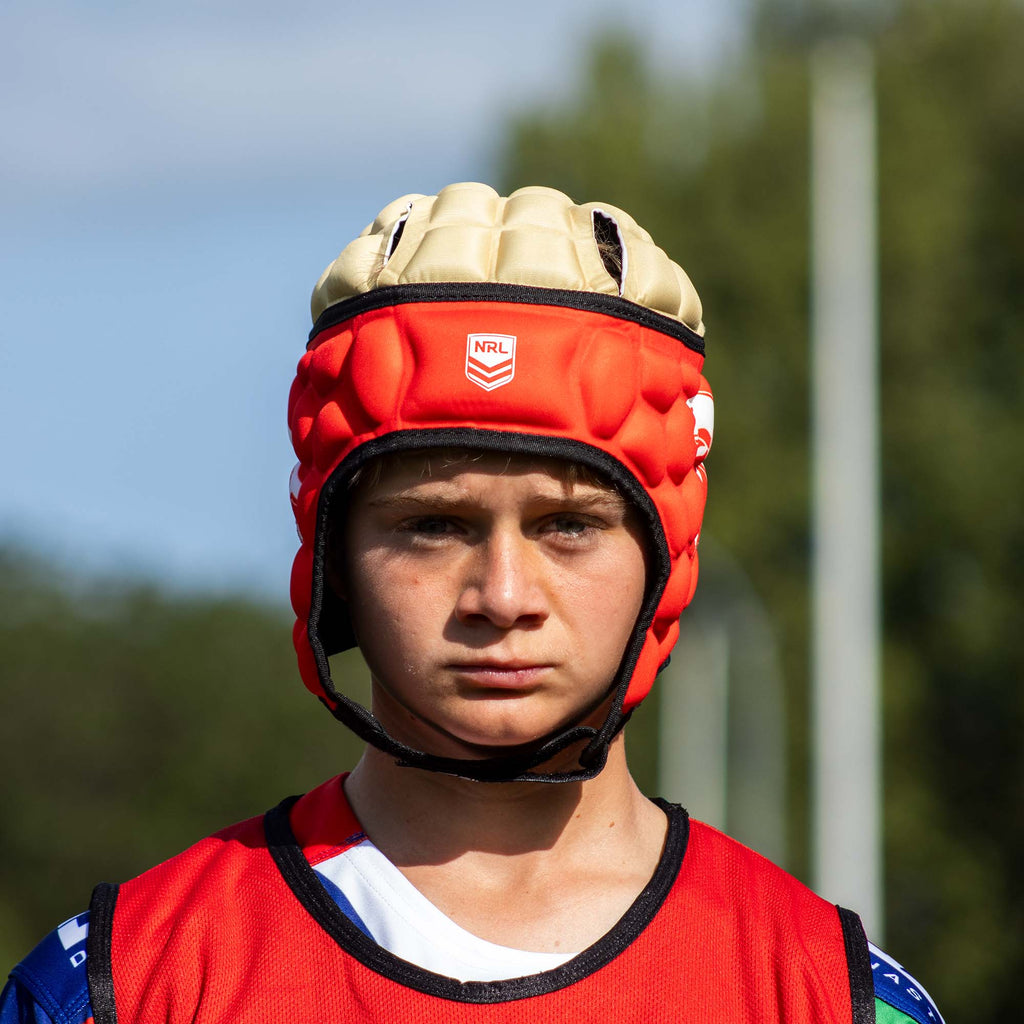 Official NRL Headgear, Dolphins, lifestyle image, front.