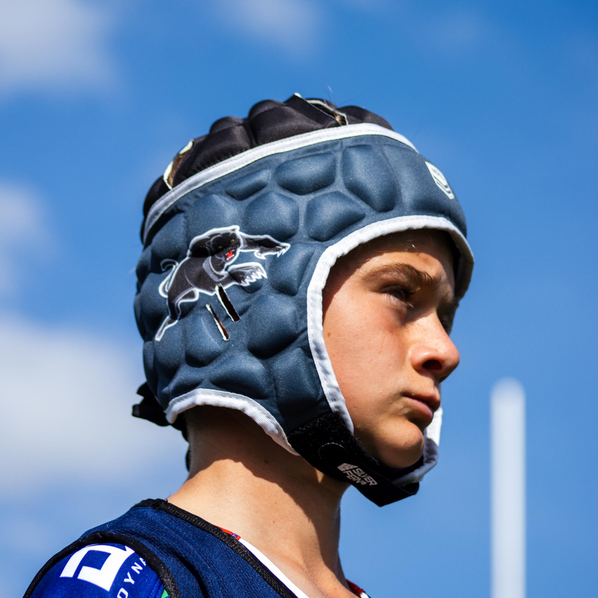 Official NRL Headgear, Penrith Panthers, lifestyle image, side.
