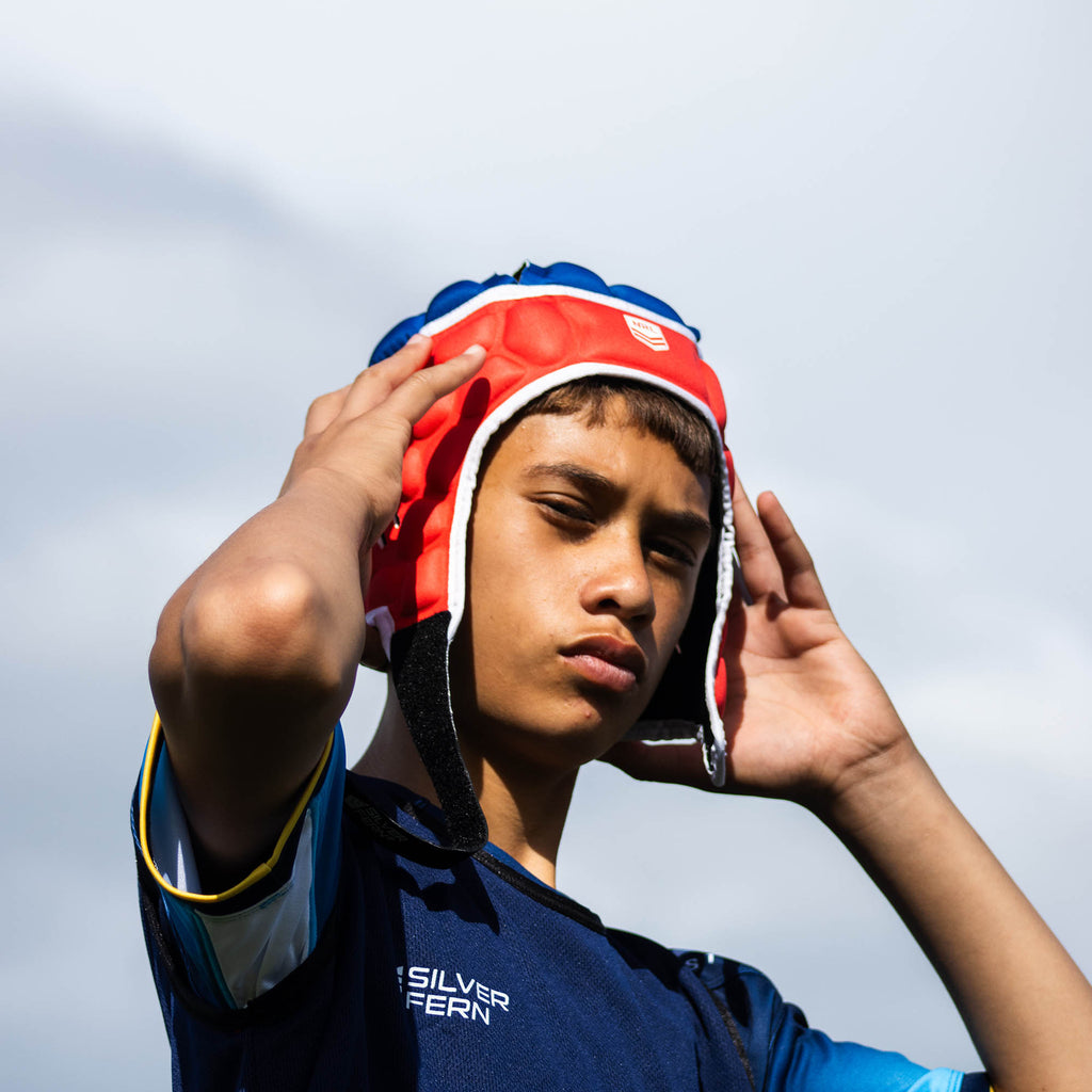 Official NRL Headgear, Sydney Roosters, lifestyle image, front.