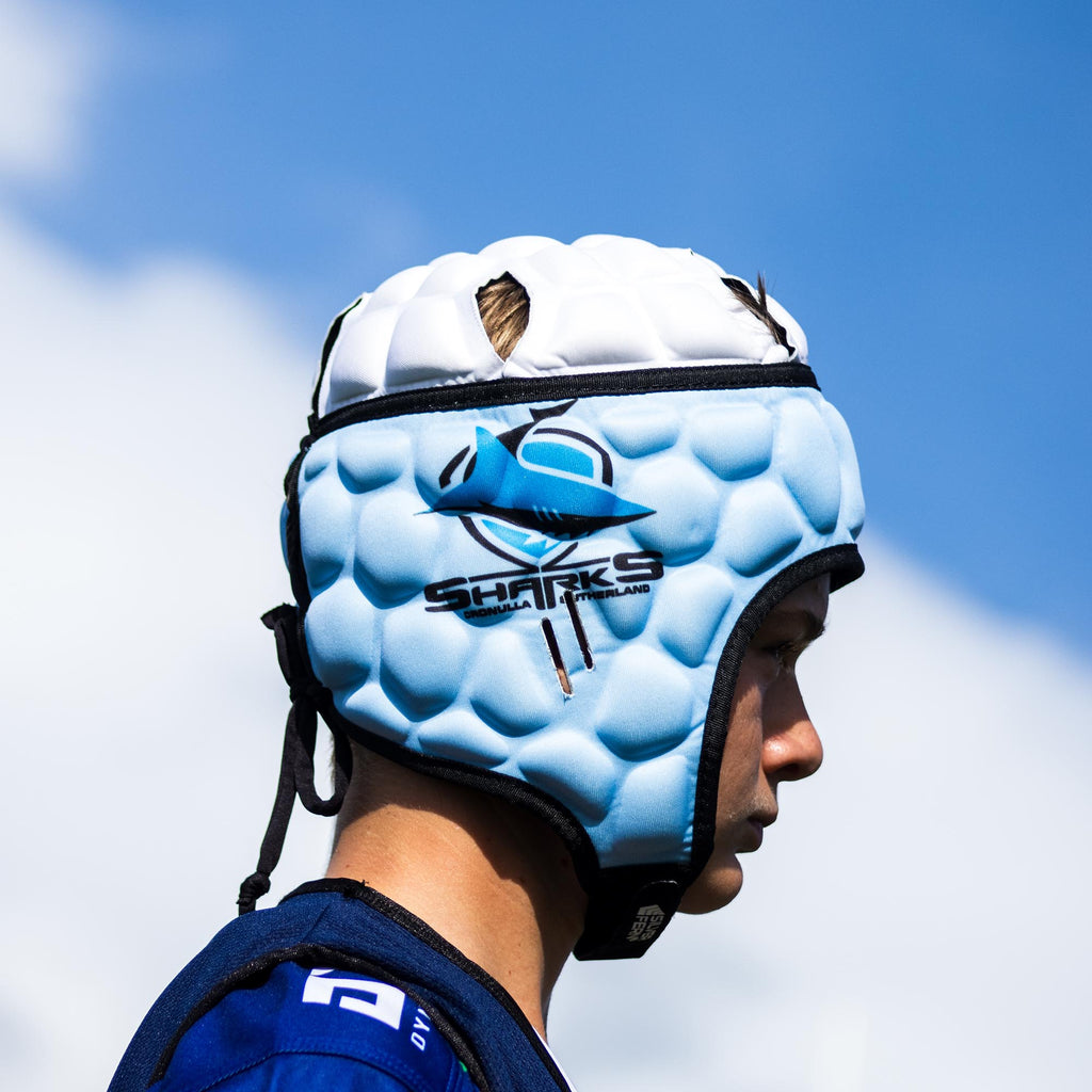 Official NRL Headgear, Cronulla-Sutherland Sharks, lifestyle image, side.