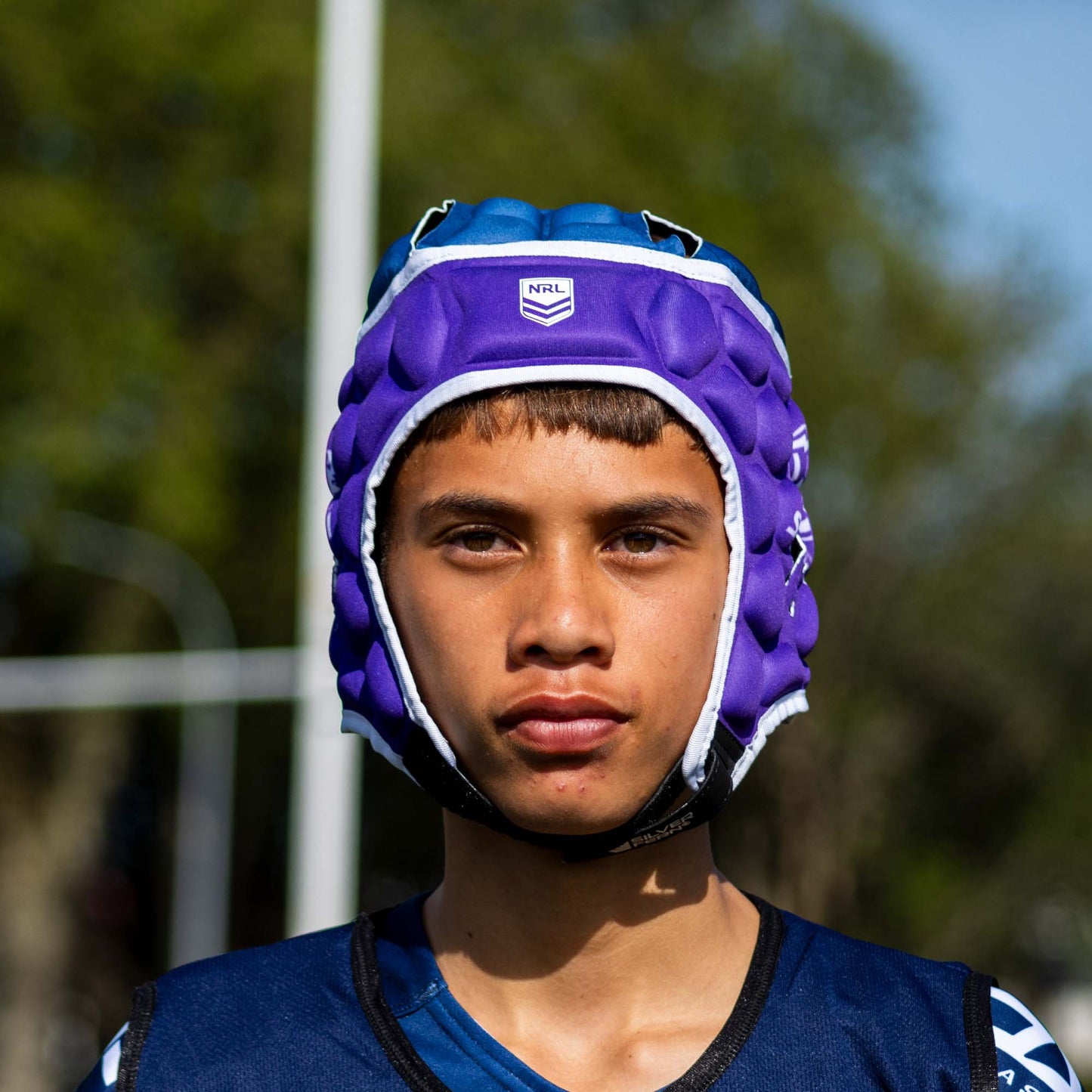 Official NRL Headgear, Melbourne Storm, lifestyle image, front.