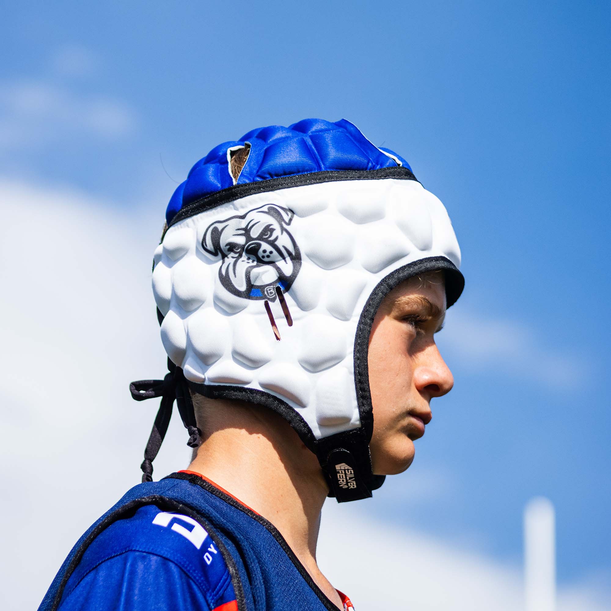 Official NRL Headgear, Canterbury-Bankstown Bulldogs, lifestyle image, side.