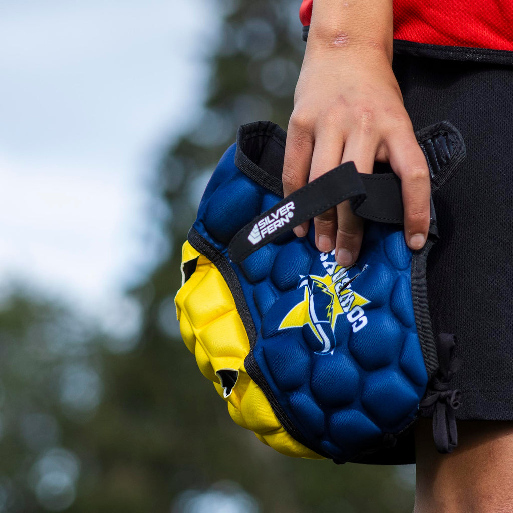 Official NRL Headgear, North Queensland Cowboys, lifestyle image, close up.