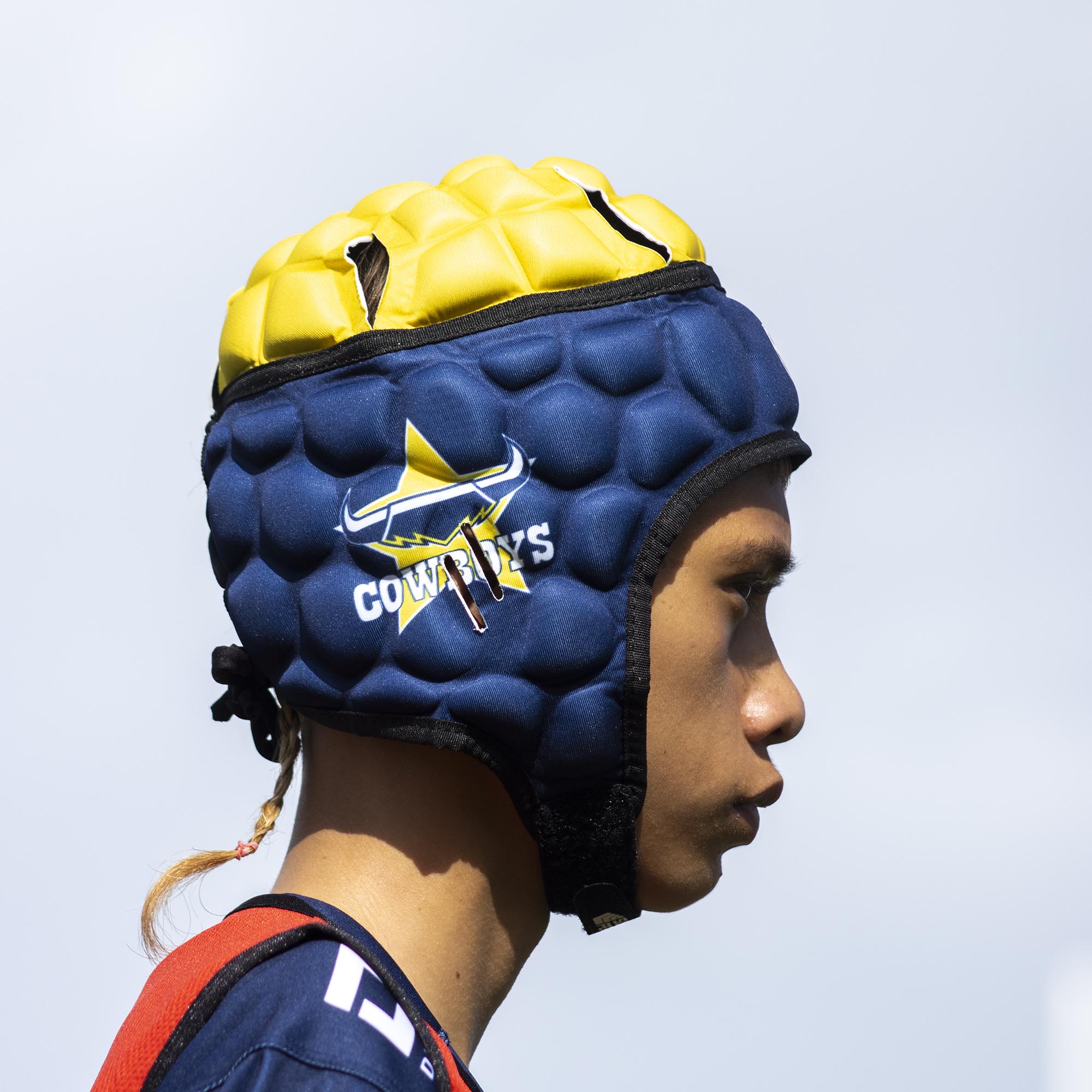 Official NRL Headgear, North Queensland Cowboys, lifestyle image, front.